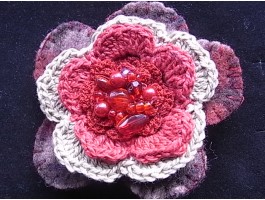 Red Beaded Cotton Crochet and Wool Felt Flower